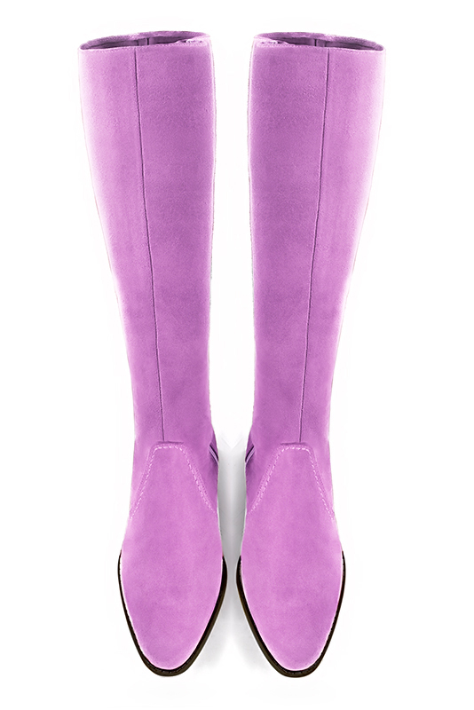 Mauve purple women's riding knee-high boots. Round toe. Low leather soles. Made to measure. Top view - Florence KOOIJMAN